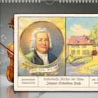 Kalenderblatt für Oktober, Porträt von Johann Sebastian Bach, Violine, Musiknoten, historisches Gebäude im Hintergrund.