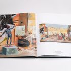 Text: "Beautified, 2023. Oil and spray paint on canvas. 48 x 72 inches." 

Links eine bunte Illustration mit einer Person, die ein Bild aufhängt.