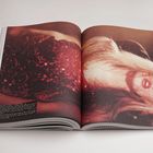 Ein Buch zeigt eine Frau in einem glitzernden roten Kleid. Links ist ein Textabschnitt, der schwer lesbar ist.