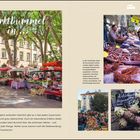 "Marktbummel in …" zeigt grüne Marktszene und bunte Stände mit Gemüse, Käse, Fisch in Hallen und Straßen.