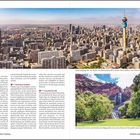 Texte: "Johannesburg", "Botanical Gardens", "Constitution Hill", "Sonnenaufgang über der Skyline von Johannesburg", "Die Botanical Gardens sind berühmt..."

Bildbeschreibung: Oben links Stadtpanorama, unten rechts Wasserfall und grüne Landschaft.