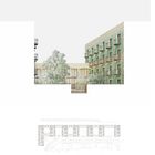 29, 2015. Grundriss Erdgeschoss. → Bauten und Projekte: S.30. Farbige Gebäudefassade, Baum und architektonischer Grundriss.