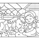 „12, 11, 10...“ Zahlen verteilen sich über eine Illustration: Ein Kind sitzt neben einem schlafenden Pferd auf einem Bauernhof.