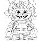 Ein niedliches Monster in einem Raumanzug mit Helm, umgeben von Planeten und Sternen, in einer süßen, kindgerechten Illustration.