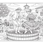 Zwei Personen stampfen Trauben in einem Dorf, umgeben von Musikern mit Gitarre und Akkordeon, sowie tanzenden Zuschauern.