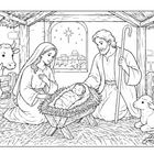 Eine Krippenszene mit Maria, Josef, dem Jesuskind in der Krippe, einem Esel, einer Kuh und einem Lamm in einem Stall.
