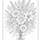 Keine sichtbaren Texte. Illustration eines prächtigen Blumenstraußes mit Rosen, Lilien und Gänseblümchen, gebunden mit Schleife.