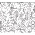 Illustration eines Magiers mit langem Bart und Hut in einer Waldszene, vertieft in ein aufgeschlagenes Buch, umgeben von Zaubertränken.