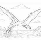 Illustration eines Flugsauriers, der über dem Wasser fliegt und einen Fisch im Schnabel trägt, mit Wolken und Palmen im Hintergrund.