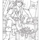 Eine Schwarz-Weiß-Illustration eines Piraten mit Papagei neben einer Schatztruhe auf einem Schiff.