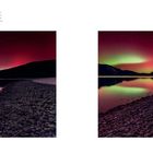 Text von Walchensee, Tölzer Land: Nordlicht spiegelt sich im See, grüne und rote Lichter, ruhige Landschaft mit Kieselstrand.