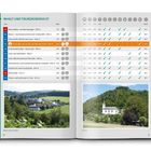 Inhalt und Tourenübersicht, farbige Tabelle, Fotos: ländliche Landschaften mit Hügeln, Dörfern und Kirchen.