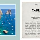 Links eine Küstenlandschaft mit blauem Wasser und Booten. Rechts eine Seite mit dem Titel "CAPRI", Koordinaten und Beschreibung.