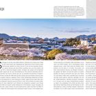 Burg Himeji. Chronologie: 1333, 1346, 1545, 1580, 1601, 1617, 1945, 1993. Absatz über Burgdetails und Kirschblüten.