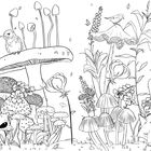 Illustration: Ein Vogel sitzt auf einem Pilz, ein Waschbär und schlafender Fuchs sind von Blumen und Schmetterlingen umgeben.