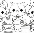 Drei niedliche Kätzchen bei einem Picknick mit Kuchen, Getränken und einem Korb, umgeben von kleinen Blumen.