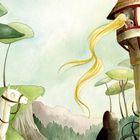 Illustration eines Turms mit einem Mädchen, dessen langes Haar herunterhängt. Ein Ritter auf einem Pferd schaut hinauf.