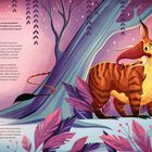 Eine nächtliche Waldszene mit fantastischem Wesen, dem Baku, umgeben von purpurnen Blättern und einem Mond am Himmel.