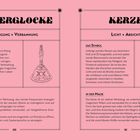 Silberglocke: Reinigung, Verbannung. Kerze: Licht, Absicht. Illustrationen einer Glocke und einer Kerze. Hintergrund rosa.