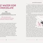 Text: "LIKE WATER FOR CHOCOLATE. 1992. Tita, my great aunt. She will continue to live as long as someone cooks her recipes." 

Illustration zeigt eine Hand mit einem großen Löffel in einer Schale.