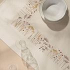 Ein Tischset mit gestickten, bunten Blumenmustern. Darauf stehen ein weißes Geschirr und zwei Gläser.