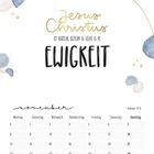 "Jesus Christus ist derselbe gestern & heute & in Ewigkeit." Kalender für November mit blauen und goldenen Dekoelementen.
