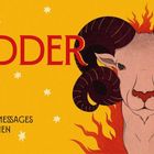 WIDDER, 40 MAGISCHE MESSAGES VON DEN STERNEN. Illustration eines Widders mit schwarzen Hörnern und Flammen, gelber Hintergrund.