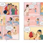 Eine bunt illustrierte Szene mit Menschen, die beten und ein Junge, der heimlich aus einem Topf isst.