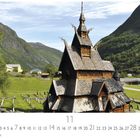 Text: "Stabkirche Borgund", "CASARES EDITION", Kalendermonate. Vordergrund: historische Holzstabkirche. Hintergrund: grüne Berge.