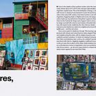 Buenos Aires, Argentina; Juni-August, Tango-Zeit. Bunte Häuser, Straßenszene, Tanzpaar und ein großes Stadium von oben.