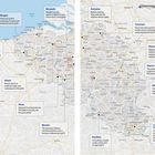 Links oben: Bruges, Karte mit Städtenamen. Zentrum: Brussels, Antwerp. Rechts unten: Waterloo, Namur, Luxembourg City.