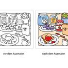 Links: "vor dem Ausmalen", rechts: "nach dem Ausmalen". Frühstücksszene mit Toast, Marmelade, Milch, Saft und Früchten.