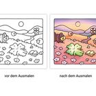 „vor dem Ausmalen“, „nach dem Ausmalen“. Links schwarz-weiße Landschaft, rechts farbenfrohe Szene bei Sonnenuntergang.