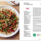 "Hähnchen im Takeaway-Stil", Zubereitungszeit: 35 Min. Bild: Bunter Teller mit Hähnchen, Gemüse und Nüssen auf Reis.