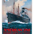 "AMERICAN LINE, Regelmäßiger Passagier- und Frachtverkehr, HAMBURG-NEW YORK." Ein Dampfschiff durchquert das Meer.