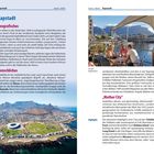 Kapstadt: Geografisches und Menschliches. Oben ein großer Berg und Stadion am Meer, rechts Leute an einem Tisch nahe Wasser.