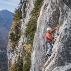 Ein Kletterer in Kletterausrüstung erklimmt eine steile Felswand, umgeben von herbstlicher Berglandschaft.