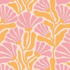 Keine Texte sichtbar. Illustration mit gelben und rosa abstrakten Blumenmustern.