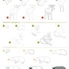 Elch (1-7), Riesenohren-Springmaus (1-6), Europäischer Dachs (1-8); Schritt-für-Schritt-Zeichnungen.