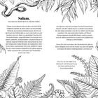 "Salam, toll, dass du dieses Buch in Händen hältst!" Vier Absätze loben Bali als malerischen Ort voller Entspannung. Skizze mit Dschungelpflanzen.