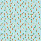 Keine Wörter. Illustration: Wiederholtes Muster aus Karotten und kleinen gelben Blumen auf hellblauem Hintergrund.