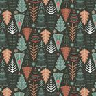 Eine nahtlose Illustration mit bunten, stilisierten Blättern und Tannenbäumen in Grün, Braun und Orange auf dunklem Hintergrund.