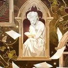 Text: "15 THE ACADEMY". Illustration von einer Statue, die ein Buch liest, umgeben von Blättern und herumschwebenden Papieren.