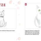 Text: Katze. Starte mit einer einfachen Skizze einer sitzenden Katze. Trage den Grünton im oberen Pupillenbereich auf.
Illustration: Zwei Katzen, eine skizziert, eine gemalt.