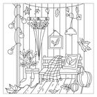 Herbstliche Illustration: Ein Regenschirm hängt an der Wand, daneben eine Bank mit Kissen und Decke. Laubblätter überall.
