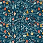 Keine Texte. Weihnachtliche Illustration mit Glocken, Schneeflocken und Zweigen. Farbenfroh auf dunkelblauem Hintergrund.