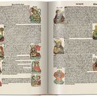 Text: "Das sechst alter der werlt Blat CXXV", zahlreiche Illustrationen von Heiligen mit Heiligenscheinen und bunten Gewändern.