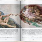 Text oben: "RAPHAEL", "V. SACRED WORLD". Zwei berühmte Fresken, die Erschaffung Adams, mit Gott und Adam auf rosa und blauen Tönen.