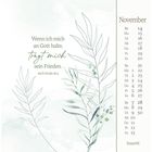 Zitat: "Wenn ich mich an Gott halte, trägt mich sein Frieden." nach Jesaja 26,3. Kalender für November rechts. Aquarellstil-Blätter.