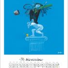 Kalenderseite für November. Illustration: Skulptur auf Säule trägt Müll. Farbig, humorvoll, blau dominiert.